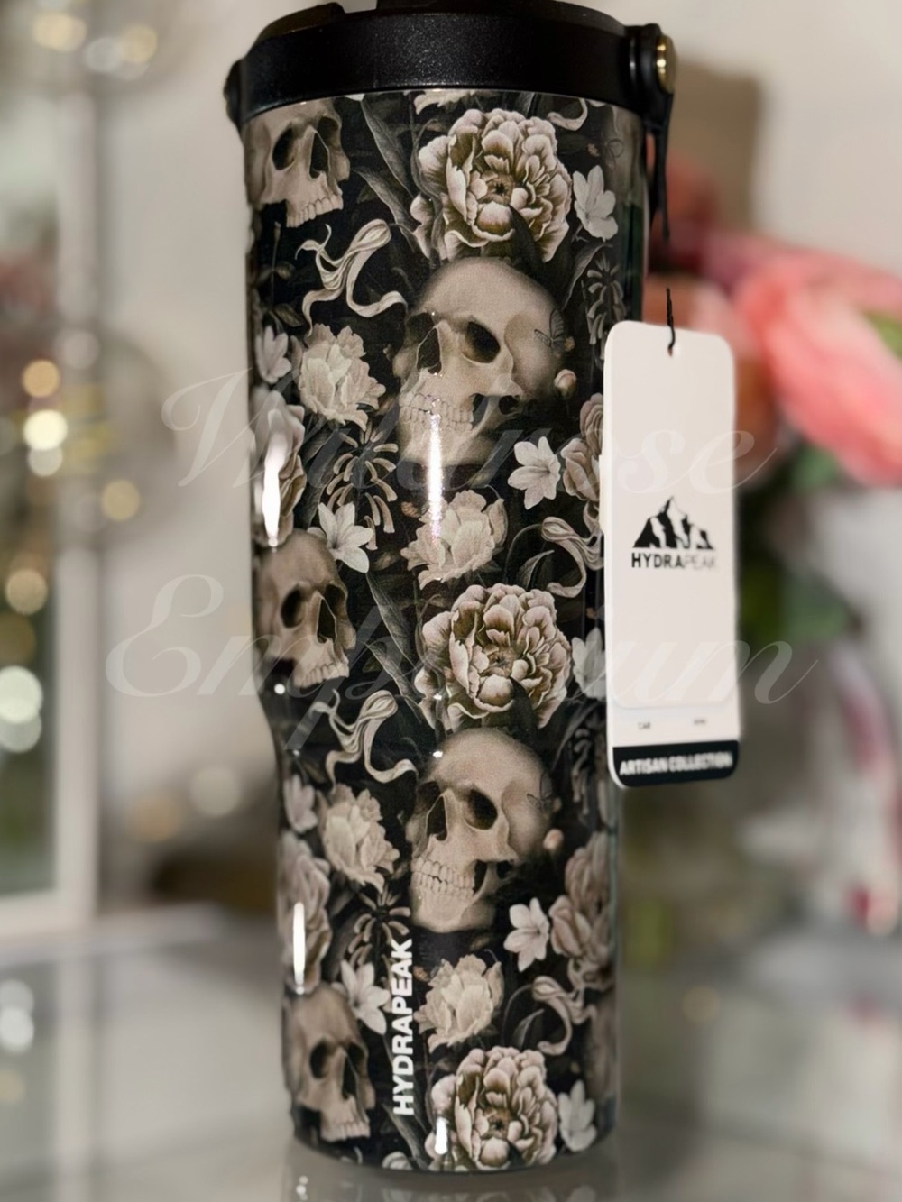 Hydrapeak Artesian Collection gothic tan beige roses skull 32oz Insulated Tumblr
